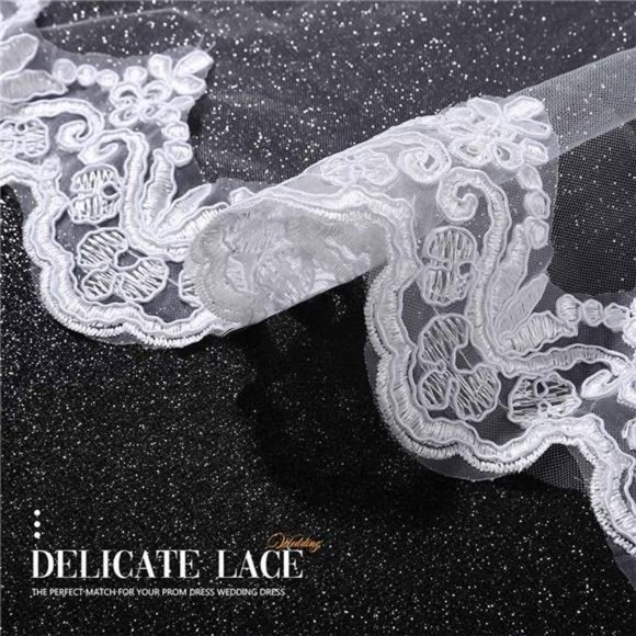 1 Tier Bride Wedding Veil Lace Cathedral Veil Bridal Tulle w/ Headpiece (Ivory) main image 6
